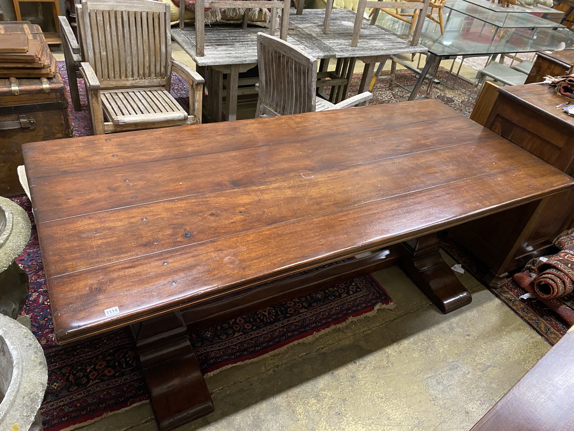 An 18th century style rectangular hardwood refectory dining table, width 214cm, depth 92cm, height 78cm